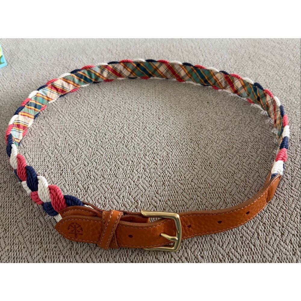 Kiel James Patrick KJP Braided Rope Belt Plaid Lined Nautical Preppy Leather